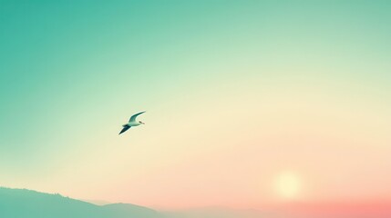Seagull Soaring at Sunset with Coastal Landscape.