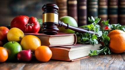 Gavel, produce, law books, justice, food regulation