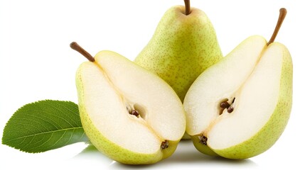 Fresh Green Pears Sliced to Reveal Juicy Interior with Green Leaf Accents on White Background
