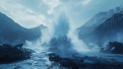 Obraz premium A large geyser erupts powerfully surrounded by rocky mountains and water