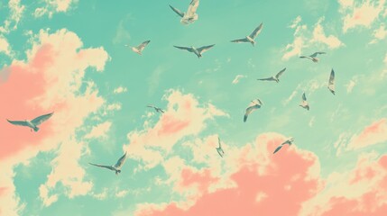 Seagulls Soaring in Pastel Sky with Freedom, and Coastal Birds.