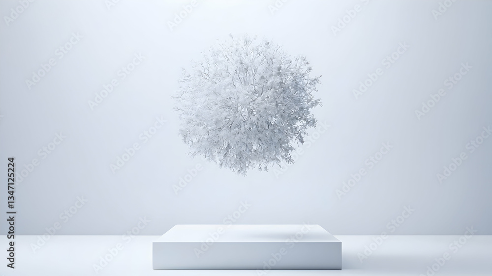 Poster abstract sphere floating above white square podium on light grey background with digital particles