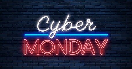 Vibrant Neon Cyber Monday Sign on Dark Brick Wall