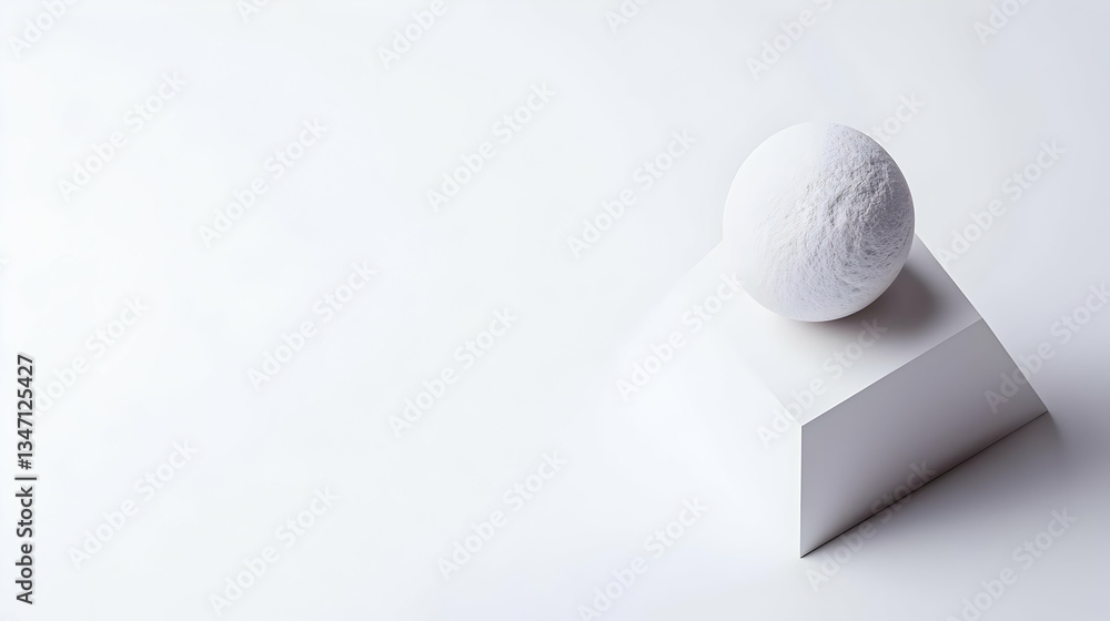 Poster white sphere resting on a cube against a white background with textured surface and geometric shapes