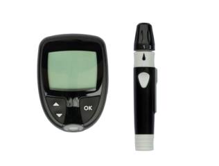 Black glucose meter for diabetic  and black lancet pen on transparent background.