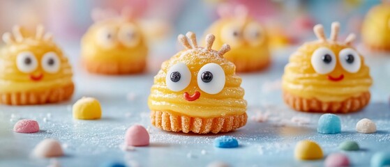 Smiling yellow creatures arranged on soft blue surface with candies