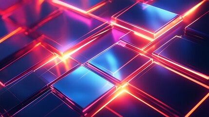An abstract background with layered holographic grids and neon lines forming intricate patterns