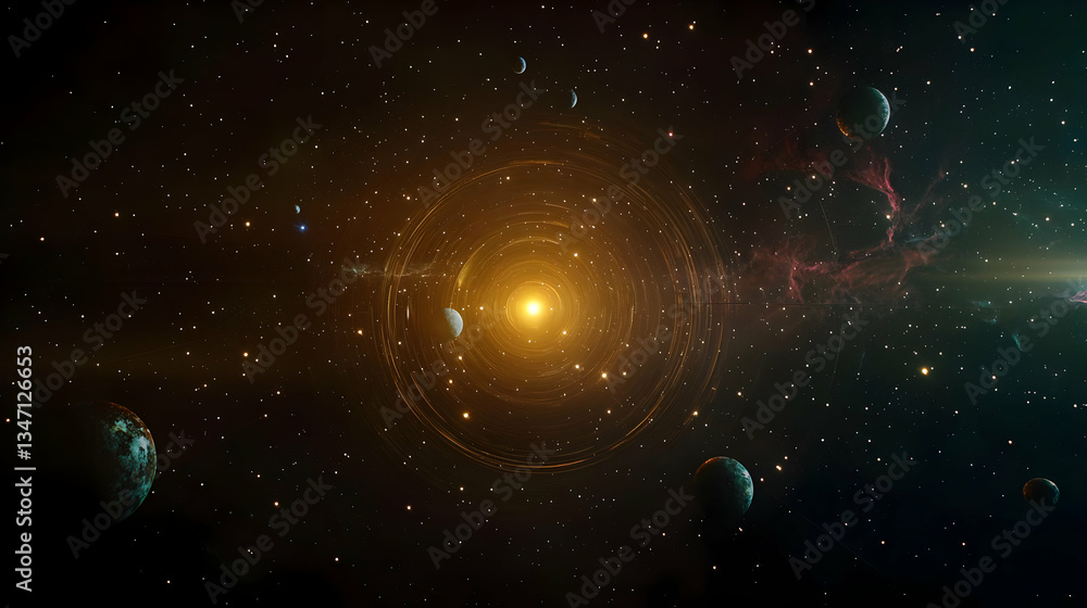 Aufkleber panoramic view of a bright celestial core surrounded by planets and stars in deep space with colorfu