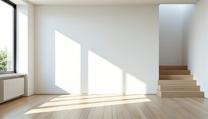 Bright empty room with hardwood floors and modern staircase - minimalist spacious design