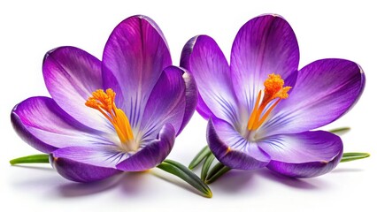 Isolated purple crocuses bloom, sharply focused macro photography against a white backdrop.  Spring's vibrant botanical detail.