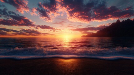 Fototapeta premium A Photorealistic Tranquil Beach Scene at Sunset Featu a Vibrant Fiery Sky with Dramatic Clouds Reflecting on Gentle Waves in High Fidelity Detail