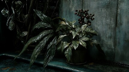 Lush Green Plant Against Dark Textured Wall with Glimmering Leaves