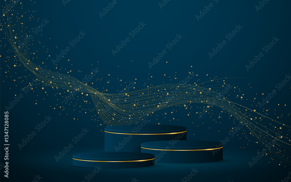 Poster multi-layered blue podium with elegant gold wave lines on the back for product presentation. display