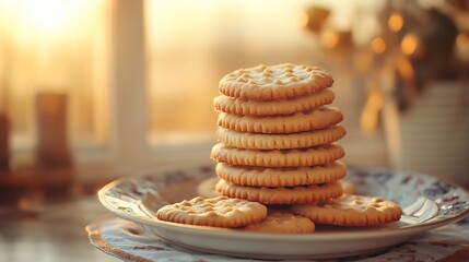 Stack of golden cookies on plate near window, soft light background indoors