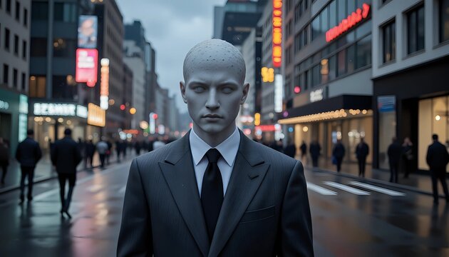 Expressionless albino businessman in desolate city street - corporate alienation