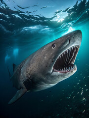 Naklejka premium Wide angle view of a rare megamouth shark swimming in the ocean depths.