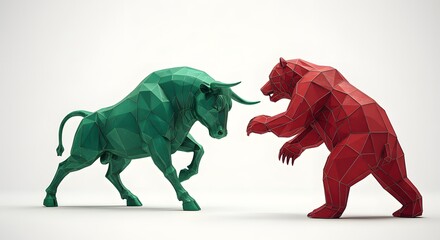 Fototapeta premium Green Metal Bull vs. Red Metal Bear – Symbolic Stock Market Battle in a Striking Display