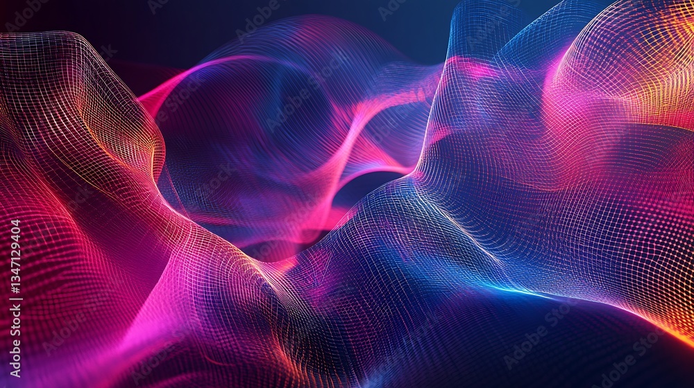 Poster an abstract background with swirling, multi-colored data ribbons and geometric shapes, representing 