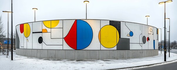 Vibrant mural featuring geometric shapes in primary colors on a circular building, surrounded by snow in a winter landscape. mural wall custom