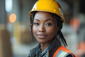 African American Woman in Construction Gear at Work