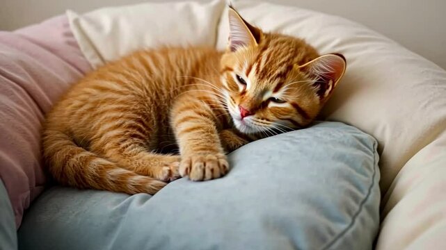 Cute Ginger Kitten Sleeping Soundly in a Cozy Bed