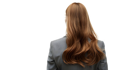 Fototapeta premium Backward-facing portrait of a woman with lengthy beautiful hair in a grey suit isolated on transparent background, detailed photo, png 