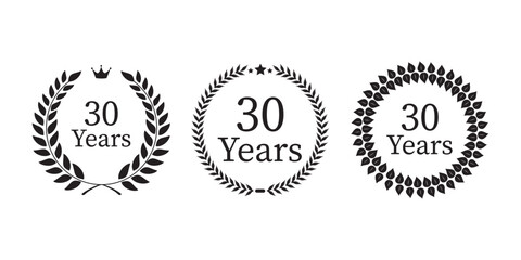 30 years anniversary logo, icon or badge. 95th birthday, jubilee celebration, wedding, invitation card design element. Vector illustration.