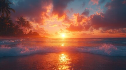 Fototapeta premium Vibrant sunset over tropical beach with palm trees and ocean waves. (3)