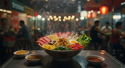 Fototapeta premium A steaming bowl of delicious and colorful ramen with various ingredients