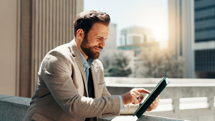 Fototapeta premium Business, tablet and man in city, scroll and connection with social media, accounting and communication. Person, network and financial advisor with tech, internet and urban town with app in New York