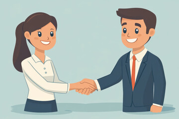 Fototapeta premium Man and woman shaking hands in a professional setting. Both wearing suits, with a modern office backdrop. Establishing a business partnership.