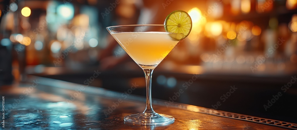 Poster a refreshing cocktail garnished with a lime wedge, sits on a bar counter in a dimly lit setting.