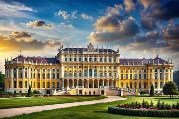 Obraz premium A majestic yellow palace basks in the golden light of a breathtaking sunset, its grandeur reflected in the meticulously landscaped gardens.