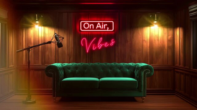 Cozy podcast recording studio interior with green velvet sofa, microphone, and "On Air, Vibes" neon sign.