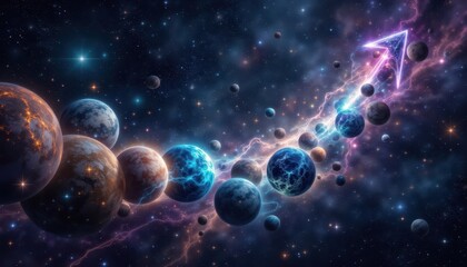 Naklejka premium An imaginative space scene where planets represent different currencies, surrounded by shining stars and swirling galaxies, with a colossal upward arrow connecting all planets
