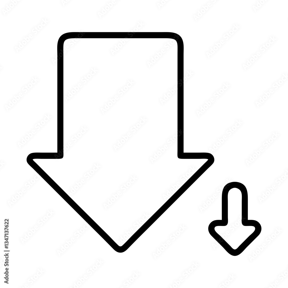 Poster minimalistic downward-pointing arrow icons in varying sizes, flat stroke icon for apps and websites