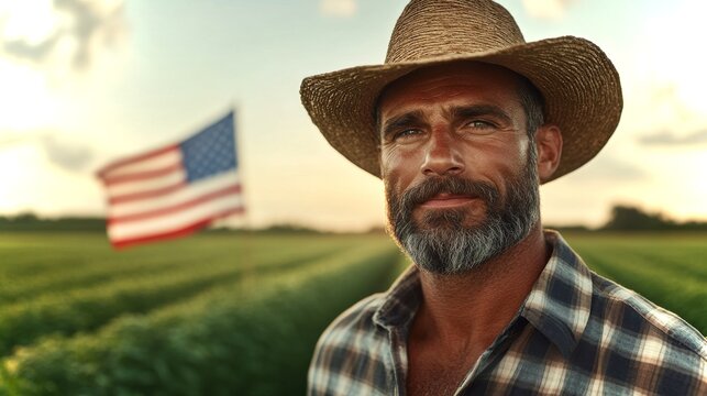 Portrait of an American farmer standing proud in front of his field near the flag at sunset