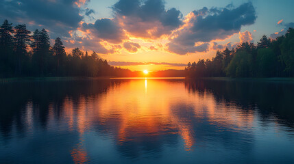 Obraz premium A serene photography capturing the golden hues of a sunset over a calm lake, with the water reflecting the vibrant colors of the sky and silhouettes of distant trees lining the horizon.