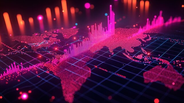 World map overlaid with neon data bars and grid lines. Futuristic