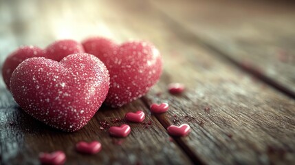 Obraz premium Three heart-shaped decorations on a wooden surface. Small hearts scattered around