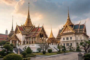Fototapeta premium Golden temples bathed in sunset's warm glow, serene beauty of ancient Thai architecture, peaceful evening ambiance.