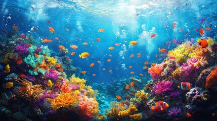 Vibrant coral reef teeming with fish, scuba divers in background, underwater scene
