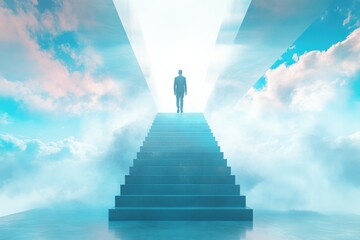 Silhouette of person ascending staircase into bright light, surrounded by clouds, ethereal atmosphere, spiritual journey concept