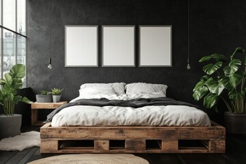 Modern minimalist bedroom with a wooden bed and wall art