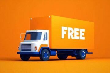 Colorful delivery truck with 'FREE' text on orange background, emphasizing free shipping concept, vibrant and modern design, logistics and transportation theme