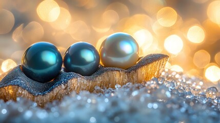 Three lustrous dark blue pearls atop a golden oyster