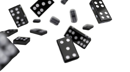 Black domino pieces falling isolated on transparent background, detailed photo, png 