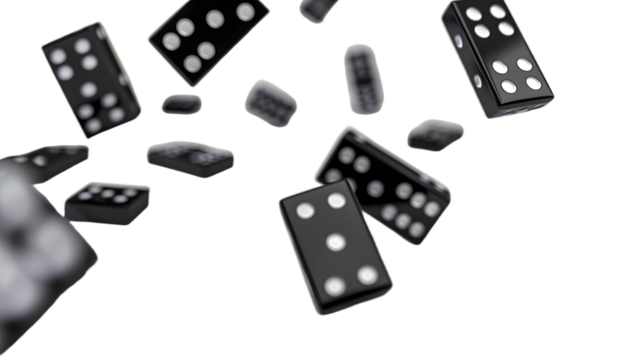 Black domino pieces falling isolated on transparent background, detailed photo, png 