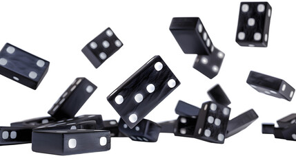 Black domino pieces falling isolated on transparent background, detailed photo, png 
