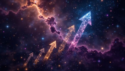 A cosmic landscape where arrows made of stardust are ascending through a nebula, surrounded by colorful galaxies